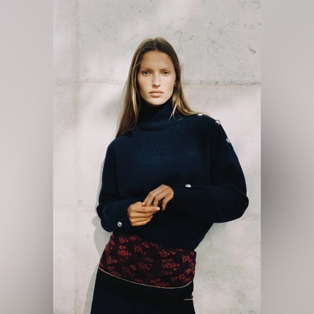 Zara Navy Turtleneck Sweater with Pearl Shoulder Buttons